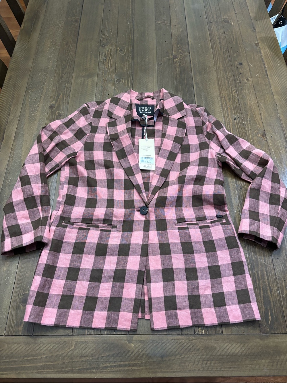 Scotch & Soda Pink and Brown Checked Linen Blazer - Picture 2 of 8